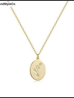 14K Gold Plated Oval Coin Pendant Necklace Birth Flower Dainty Jewelry
